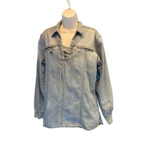 Vintage 90's Ladies Harley Davidson Denim tunic Blue Jean Shirt, Lace Front
